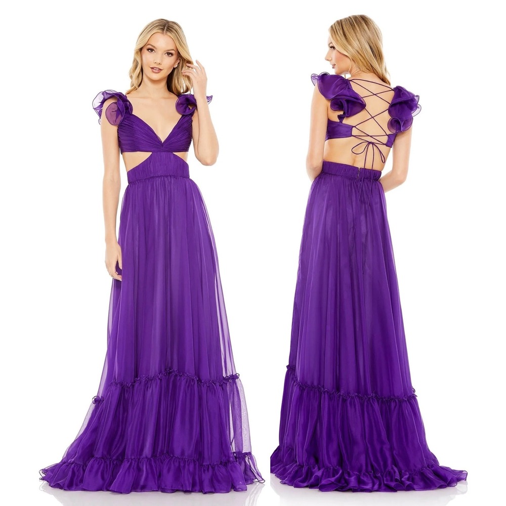 NWT Mac Duggal 70254 Purple Cutout Chiffon Ruffle Gown Size 8